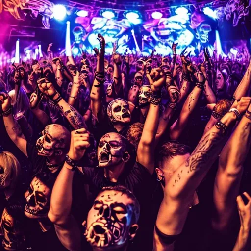 Prompt: hardstyle song cover, festival, crowd, edm concert, festival stage, skulls, people at concert with blank black faces, non human, hell