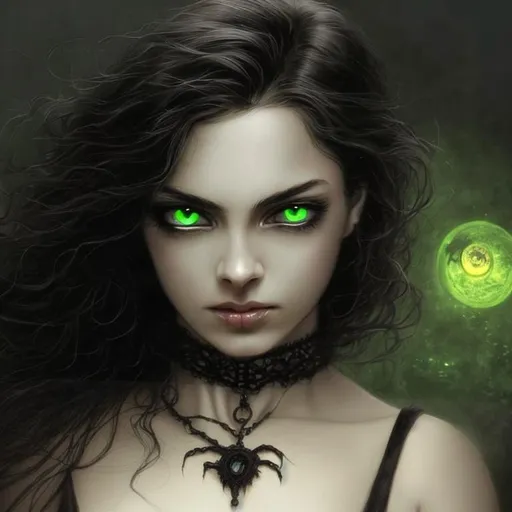 Prompt: gothic black dress, glowing eyes, cat pupils, "Cris Ortega", "Luis Royo", beautiful face, cleavage, haunting eyes, lovecraftian horror, piercing gaze, green eyes, attractive necromancer, beautiful face, victorian gothic black dress, cleavage, magic, glowing eyes, oil painting,  high quality, dark fantasy, very detailed, cleavage, ruby amulet, beautiful face, piercing eyes, amulet, vampire, oil painting, very big eyes, high quality, beautiful, female wizard queen, sultry,  clear visible face,  dark fantasy, Phoebe Tonkin, Alexandra Daddario, Ariana Grande, Natalie Portman, emerald amulet