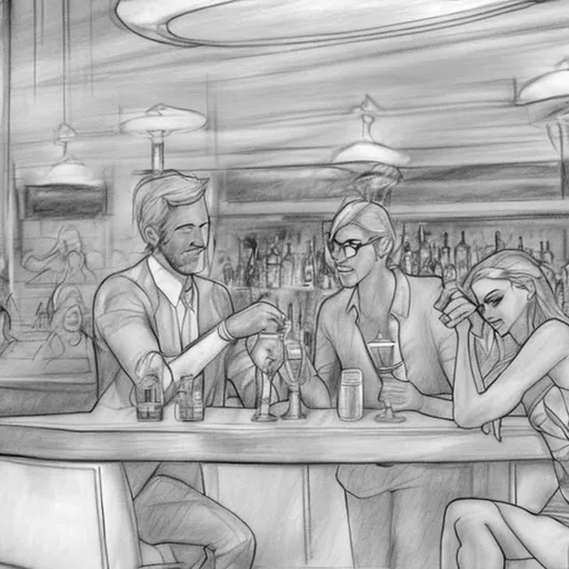Prompt: Peope lounging at a bar drinking cocktails pencil sketch