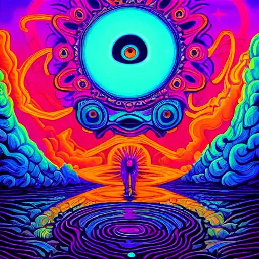 Prompt: Hypnotic illustration of Heaven, hypnotic psychedelic art by Dan Mumford, pop surrealism, dark glow neon paint, mystical, Behance