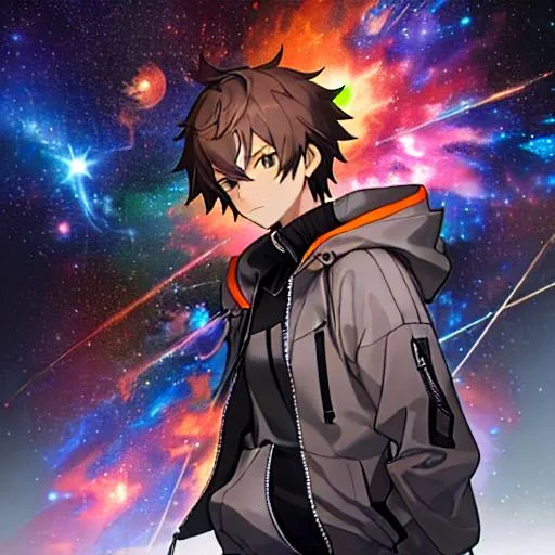 Prompt: a guy with a grey hoodie with open zipper with long black sleeves, anime, short brown hair, watching a super nova
