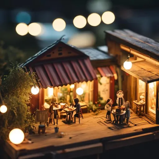 Prompt: tiny wooden outside cafe, tiny wooden people drinking, dining, dancing, string lights, dark night



