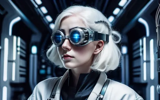 Prompt: Mad scientist in a Star Wars-inspired universe, female, white hair, wearing bluetinted goggles, pale skin, young, solid white eyes, futuristic laboratory setting, detailed facial features, high-tech goggles, intense and focused gaze, high quality, sci-fi, futuristic, pale skin, white hair, goggles, laboratory setting, detailed facial features, professional, atmospheric lighting