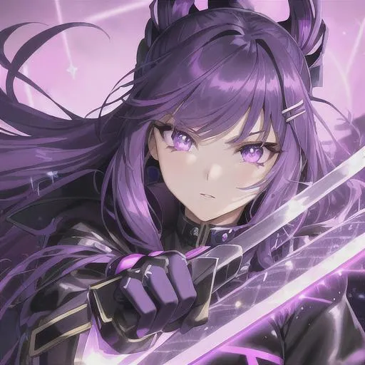 Prompt: Beautiful female alien hybrid, detailed eyes, has a sword emanating lightning, a young anime woman with dark purple hair, lavender eyes, disoriented due to memory loss, wearing a neon purple t-shirt inside of a black coat with chains, wears black leather gloves, an amethyst hairclip in her hair, fantasy , clear sparkling lavender glowing eyes, purple eyes, intricately detailed face, long purple haired woman, intricate, highly-detailed, ultrarealistic face, large landscape, mechanics, dramatic lighting, gorgeous face, lifelike, stunning, anime young woman face, long purple luxurious hair with a fringe haircut, digital painting, large, artstation, illustration, concept art, smooth, sharp focus, highly detailed painting, looking and smiling at viewer, full body, photography, detailed skin, realistic, photo-realistic, 8k, highly detailed, full length frame, High detail, showing full body, full body art 