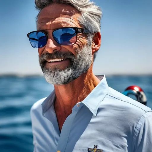 Prompt: photo of a confident, healthy, German, 45 year old, haired, grey bearded sailor looking magical and handsome wearing a light blue Oxford shirt and modern sun glasses
while pulling the anchor on a raceboat.



