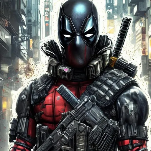 Prompt: Redesigned Gritty white and gold cyber futuristic military commando-trained villain deadpool. Bloody. Hurt. Damaged mask. Accurate. realistic. evil eyes. Slow exposure. Detailed. Dirty. Dark and gritty. Post-apocalyptic Neo Tokyo with fire and smoke .Futuristic. Shadows. Sinister. Armed. Fanatic. Intense. 