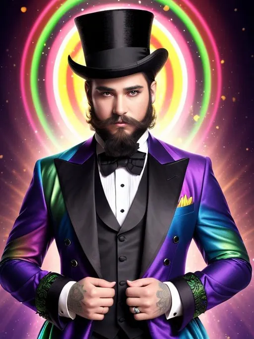 Prompt: Create an 8K resolution digital art portrait of the God of the Dark Rainbow, Aurora, with a young, pop, and elegant appearance. The portrait should be a head and shoulders view, showcasing him as a trickster and entertainer, wearing a black tux and top hat. The style should be fantasy magic with a stylish beard, hyper-detailed painting, and dynamic lighting that creates a clear and deep color effect. Use a triadic color scheme and add Unreal Engine 5 volumetric lighting to enhance the overall effect. The portrait should be created by Greg Rutkowski, Artgerm, WLOP, Alphonse Mucha, or one of the other artists known for creating intricate and highly detailed artwork. The environment should also be detailed and intricate, featuring global illumination, and rendered in Unreal Engine 5. The overall effect should be sharp and focused, with a studio photo feel, and trending on ArtStation.