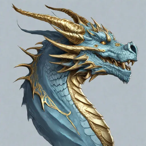 Prompt: Concept design of a dragon. Dragon head portrait. Side view. The dragon is a predominantly pale blue color with gold streaks and details present.