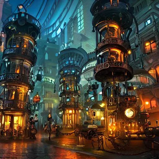 Prompt: Steampunk city nightview