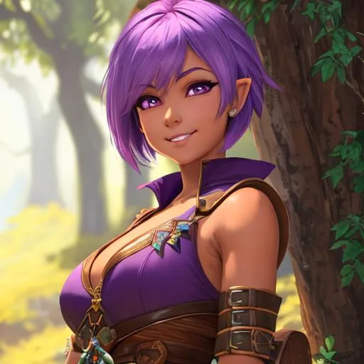 Prompt: oil painting, D&D fantasy, tanned-skinned-gnome girl, tanned-skinned-female, short slender, beautiful, short bright purple hair, long pixie cut hair, smiling, pointed ears, looking at the viewer, Ranger wearing intricate adventurer outfit, #3238, UHD, hd , 8k eyes, detailed face, big anime dreamy eyes, 8k eyes, intricate details, insanely detailed, masterpiece, cinematic lighting, 8k, complementary colors, golden ratio, octane render, volumetric lighting, unreal 5, artwork, concept art, cover, top model, light on hair colorful glamourous hyperdetailed medieval city background, intricate hyperdetailed breathtaking colorful glamorous scenic view landscape, ultra-fine details, hyper-focused, deep colors, dramatic lighting, ambient lighting god rays, flowers, garden | by sakimi chan, artgerm, wlop, pixiv, tumblr, instagram, deviantart
