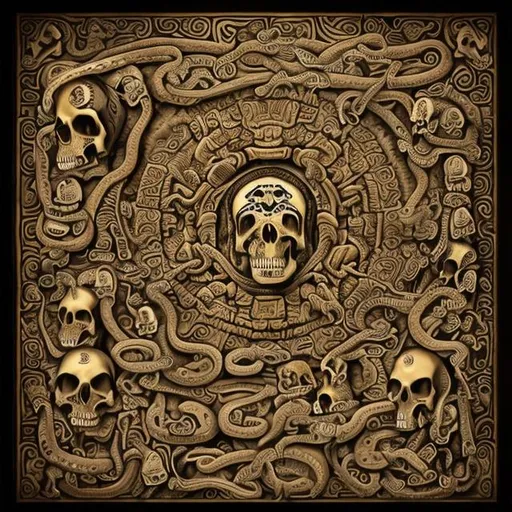 Prompt: Mayan calender with snakes and skulls hyperrealistic 