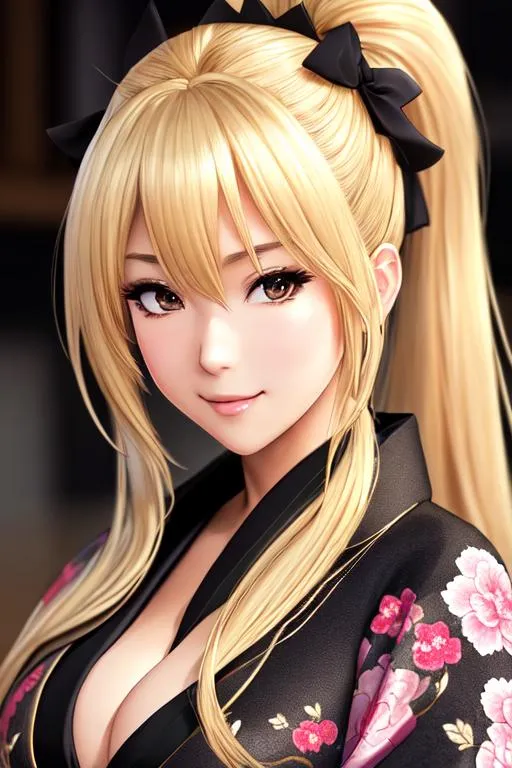 Prompt: a happy beautiful blond haired anime girl wearing black kimono, big cleavage, ponytail hair, anime wolfgirl, beautiful face, soft lighting, blur, Elegant, graceful, HDR, UHD, high res, 64k, cinematic lighting, special effects, detailed accessories, detailed face, detailed kimono, detailed japanese building background, hyperdetailed, masterpiece, 4k, 8k