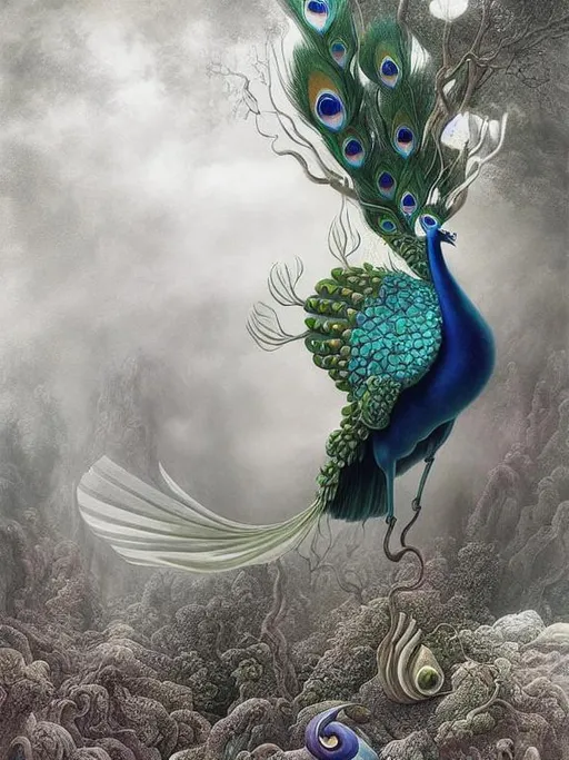 Prompt: A Fantasy biomorphic white, green and blue peacock. By Jacek yerka, Catherine Abel, Naoto hattori, Salvador Dali, Dr Seuss, Gediminas Pranckevicius. fantasy, intricate, fantastic view, ultra detailed, crisp quality, colourful, hdr, psychedelic, science fiction, vibrant, insanely detailed, Surrealism, elaborate, fantasycore, great depth and scale, light reflections, Fluorescent.