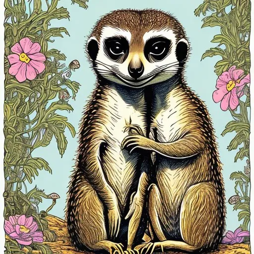 Prompt: Meerkat Mama and baby, very detailed, by Gary Panter, colored illustration