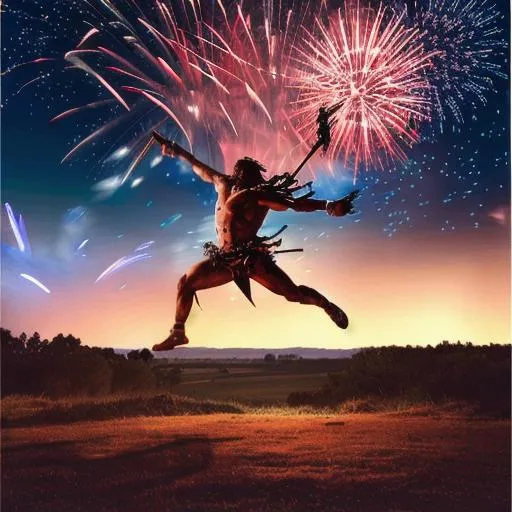 Prompt: A warrior,falling from sky,sunset with stars, fireworks,acient,zeus