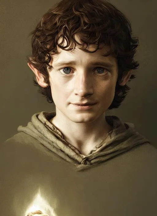 Prompt: Portrait of Frodo with cute face, Set in the shire, perfect composition, hyperrealistic, super detailed, 8k, high quality, trending art, trending on artstation, sharp focus, studio photo, intricate details, highly detailed, by greg rutkowski