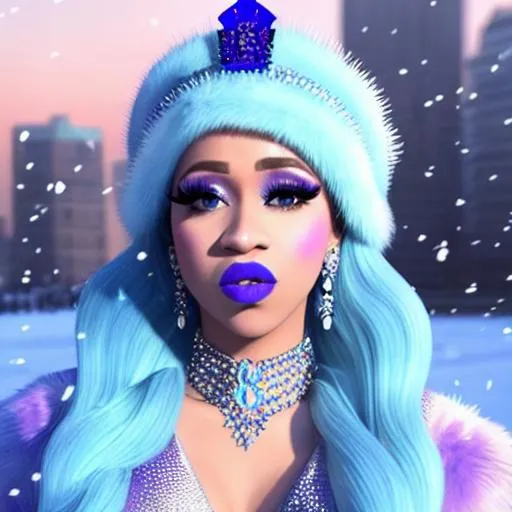 Prompt: Ice Queen Cardi B eating blue ice cream in winter palace, blue lipstick, city skyline, windy and snowing, blue heart necklaces, Large frozen Ball Gown, pleasant face, blue eyes, Black-purple eyeshadow, Sugar Hat, extremely large ice earrings. Cold color scheme, ultradetailed, 8k resolution, perfect, smooth, high quality, shiny. 