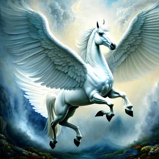 Prompt: mythical pure white  Pegasus, colourful wings, A medium-sized male quadruped, in his late adolescence, is depicted in this artwork, showcasing an extraordinary level of detail. The painting, executed in fine oil, is a true masterpiece, with meticulously crafted elements throughout. The background is intricately rendered, providing a rich and immersive setting. The character itself is portrayed in ultra-high definition (UHD), allowing for an unparalleled level of visual clarity and detail.

The quadruped possesses wind powers, which are visually represented by his voluminous billowing fur, resplendent in shades of white-gold. The fur is adorned with glistening gold hairs and speckled with sapphire crystals, adding a touch of enchantment to his appearance. His long, sky-blue ears stand out prominently, complementing his vivid magenta-pink eyes that exude confidence and boldness.

Every aspect of his face, including the eyes and fur, is rendered with astonishing detail, capturing the intricacies and textures with precision. He embodies the essence of a majestic wolf prince, exhibiting a playful demeanour reminiscent of a fox and an energetic spirit akin to a deer.

The character is depicted in a fantasy garden, bravely standing against a violent windstorm. His beautiful long hair and fur flutter and rustle in the gale, emanating magical colours that add to the ethereal atmosphere. A halo of auroras surrounds him, casting a radiant glow, while a tilted halo above accentuates his regal presence.

The scene unfolds atop a breathtakingly tall mountain peak, where the pink twilight sky sets the stage for this captivating portrayal.

