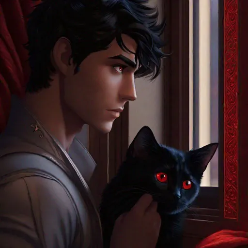 Prompt: Damien (male, short black hair, red eyes) staring out the window, with a look of adoration on his face