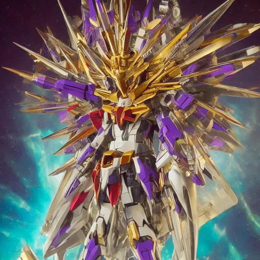 Prompt: The God Arc CROSS SYMBOL  gundam WEARING GODLY  CROSS CROWN KING CHAMPION rhads, beeple, alphonse mucha, global illumination, detailed and intricate environment crystals