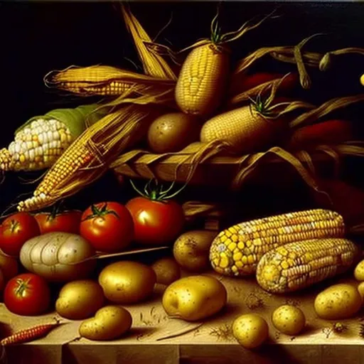 Prompt: oil painting of tomatoes, potatoes and corn, in the style of Leonardo da Vinci

