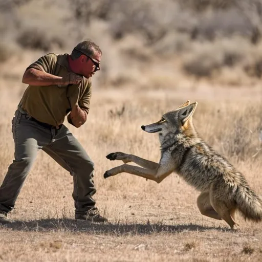 Prompt: A man is fighting a coyote
