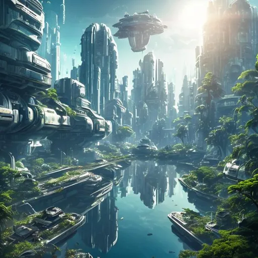 Prompt: Old abandoned Futuristic city overgrown with lush green plants reflection lake light blue sky with hover ships light high resolution 8k