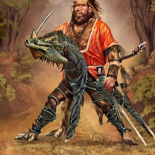 Prompt: A caveman warrior king, dressed in full hunting gear standing in front of 5  Red Tegu Lizards, all five feet long or longer also dressed in battle gear