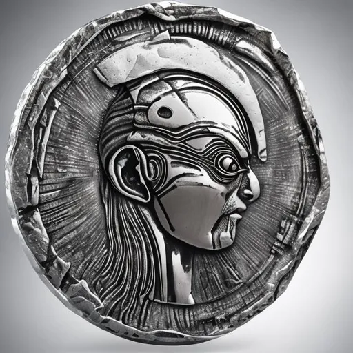 Prompt: A large ancient Greek silver coin with raised edges depicting an alien with large head and large eyes. Photorealistic, studio lighting