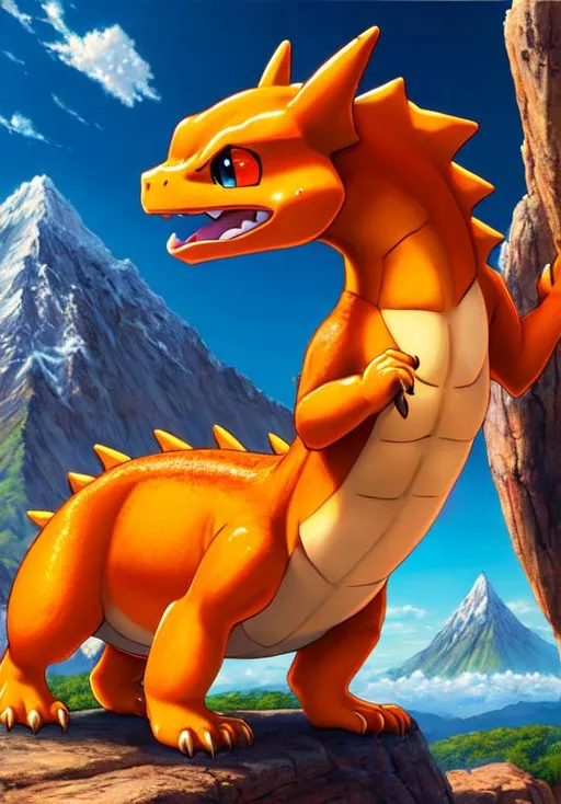 Prompt: UHD, , 8k,  oil painting, Anime,  Very detailed, zoomed out view of character, HD, High Quality, Anime, mountain, Pokemon, Pack of Charmander, dragon-like, Charmander is a small bipedal, reptilian Pokémon with a primarily orange body and blue eyes. Their underside from the chest down and the soles of their feet are cream-colored. they has two small fangs visible in their upper jaw and two smaller fangs in their lower jaw. A fire burns at the tip of this Pokémon's slender tail and has blazed there since Charmander's birth. The flame can be used as an indication of Charmander's health and mood, burning brightly when the Pokémon is strong, weakly when they is exhausted, wavering when they is happy, and blazing when they is enraged. It is said that Charmander would die if their flame were to go out. However, if the Pokémon is healthy, the flame will continue to burn even if they get a bit wet and is said to steam in the rain.

Charmander can be found in hot, mountainous areas. However, it is found far more often in the ownership of Trainers. As shown in Pokémon Snap and New Pokémon Snap, Charmander exhibits pack behavior, calling others of its species if it finds food, and watching the flames on each other's tails to ensure they don't go out.

Pokémon by Frank Frazetta