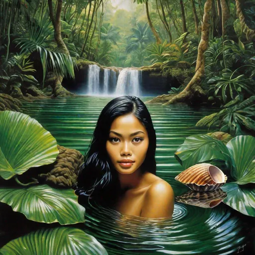 Prompt: pretty young Indonesian woman, 25 year old, (round face, high cheekbones, almond-shaped brown eyes, epicanthic fold, long black hair with seashell ornaments, small delicate nose), emerging from water, scenery natural pool in tropical Indonesian rain forest, lush green plants, waterfall, masterpiece, intricate detail, hyper-realistic, photorealism, hyper detailed texturing, high resolution, best quality, UHD, HDR, 8K, award-winning photograph, octane render