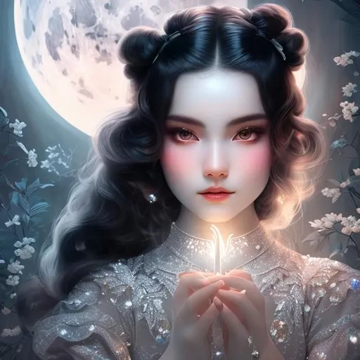 Prompt: Beautiful woman, literally white skin tone, black and white clothes, legs floating, right hand making peace pose, left arm holding the waist, pretty, covered in nightly glow with detailed silver features under the moon with illuminating moonshine beams, she has black and white hair in pigtails; by anna dittmann, floradriel, high resolution,  digital painting, extreme detail, 120k,  ultra hd, hyper detailed, white, wlop, digital painting; crystal body