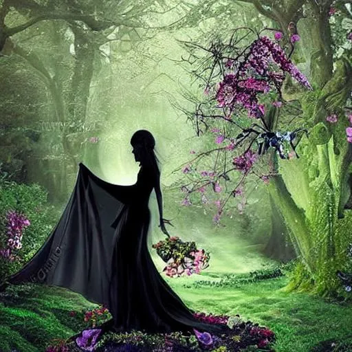 Prompt: Dark fairy evil gown renaissance period light lighting deep creepy shadows garden of rare flowers nightshade black wings moonlight 