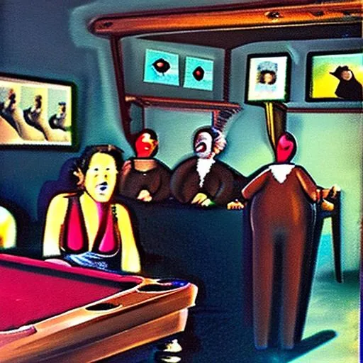 Prompt: Sitting in a bar with people all around me having fun playing pool beautiful woman abstract art Salvador Dali hidden items in picture 