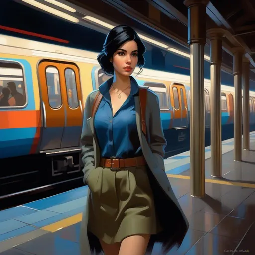 Prompt: Third person, gameplay, young woman, pale olive skin, black hair, dark brown eyes, modern subway station, blue-ish atmosphere, cartoony style, extremely detailed painting by Greg Rutkowski and by Henry Justice Ford and by Steve Henderson 