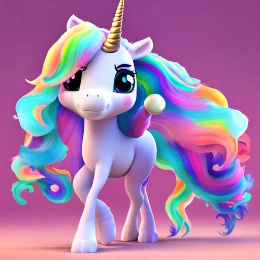 Prompt: create a cartoon animal character with unicorn hair white soft hair body mesmorizing deep eyes colourful tail hair and nice looking foot 