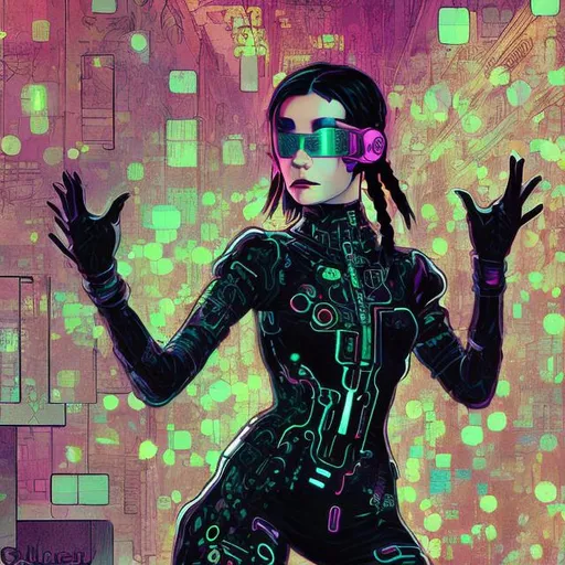 Prompt: cyberpunk jane avril dancing, black matrix dress, in the style of toulouse lautrec