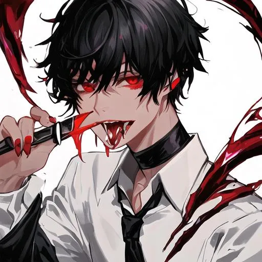 Prompt: Damien  (male, short black hair, red eyes) holding a knife up to his mouth! licking the edge of the knife!
