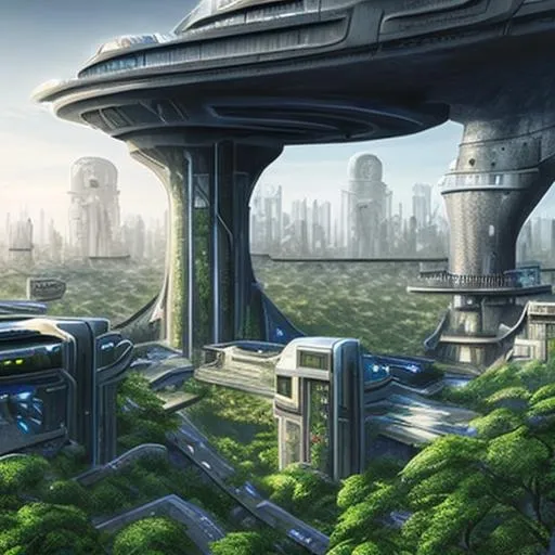Prompt: futuristic city, fortress, jungle, surrounded by huge wall. Futuristic view