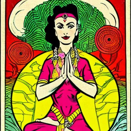 Prompt: Tantric goddes in lotus pose. use Golden Age Marvel comics art style. 