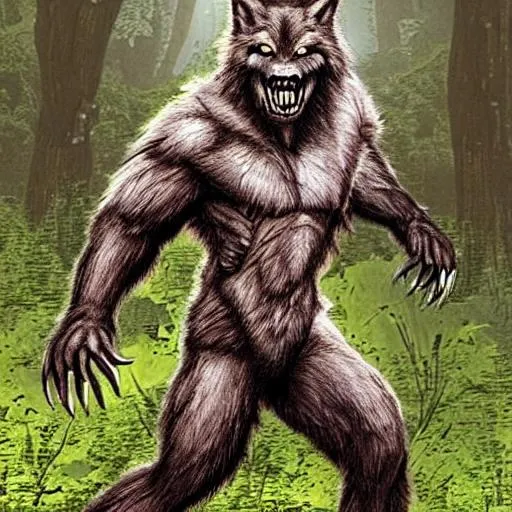 Prompt: Hyper realistic Bipedal Wolfman, or Werewolf, in forest, full moon, horror, terror, bodybuilding upper body Muscles , brown fur, with red eyes! Claws. 7 feet tall, and sinister, and battling Sasquatch! Vicious 