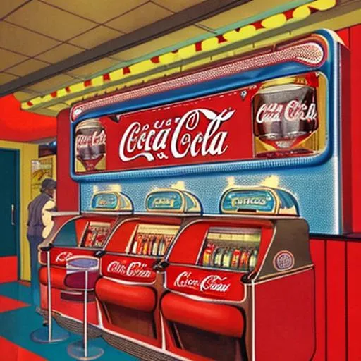 Prompt: vintage coca cola advertising poster, realistic, in interior of 60s american fast food with juke box, vintage decoration, hyper detailed, realistic, pop art
