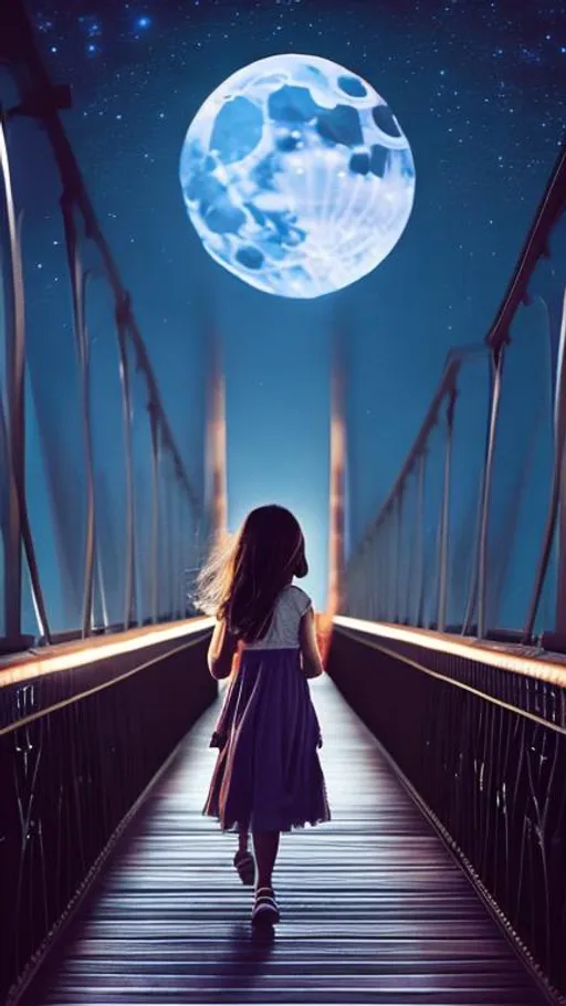 Prompt: A girl walking on a bridge midnight moonlight