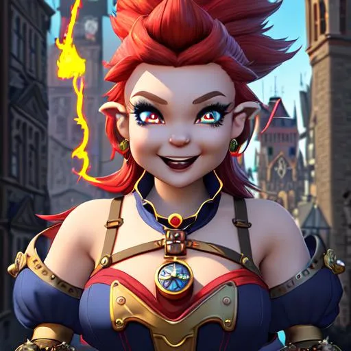 Prompt: Professional splash art, in front of a red-sandstone stone skyscrappers with renaissance Prague spire architecture, female blue skinned gnome, cute, electical metal steampunk gauntlet, mage channeling arcane magic, carefree playful look on her face, red hair shooting up like flames, very large hairstyle, wearing navy-blue with red pinstripes with red accents, long evening wear skirt with slits down both sides, electricity arcs from gauntlet, chaotic magic bursts from her hand, steampunk, electropunk, Highly detailed, haversack, wizard spellbook, chaotic magical energy in the air, excitement, action, magic swirling in the air.