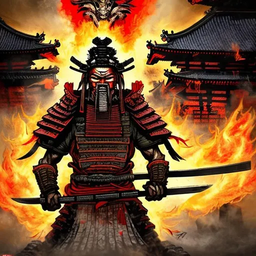 Prompt: A samurai holding a sword with a burning temple in the background, heads on sticks, highest quality, orange green purple yellow, detailed, blood spray, blood splatter, gore, gory, dark art, warrior, weapons