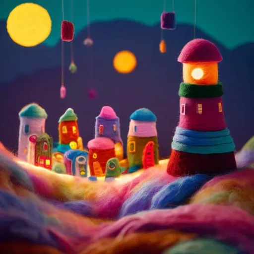 Prompt: A toy imaginary  village made of colorful yarn and felt with romantic lights