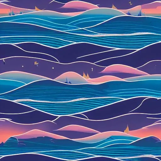 Prompt: Multiple layers of silhouette {waves of a ocean}, with silhouette of {waves}, single viking boat, sharp edges, at sunset, with heavy fog in air, night time, vector style, horizon silhouette Landscape wallpaper by Alena Aenami, firewatch game style, vector style background