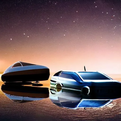 Prompt: A car floating in space with a boat next to it