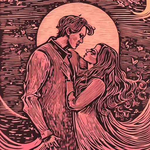 Prompt: "This life might eventually just be the end of me, will I still be with you"   woodcut lithograph duotone pink and orange tall  man singing with long-haired beautiful woman full moon night


