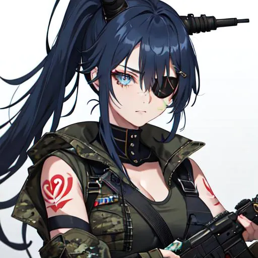 Prompt: (blue Messy hair with front spikes) wearing a eye patch that covers her right eye, wearing a camo military uniform, tattoos on her arms, holding a gun